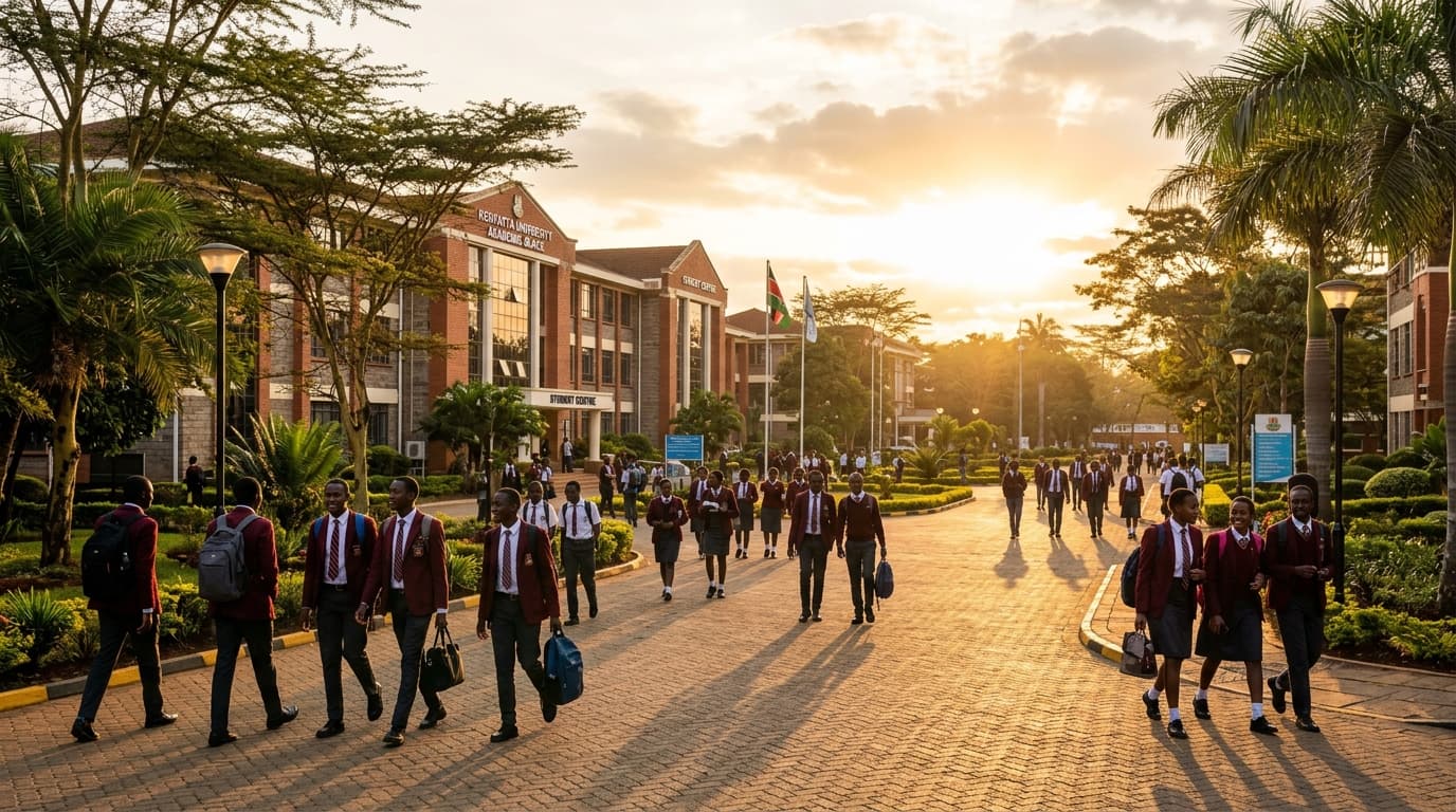 Kenyan institutional campus at sunrise